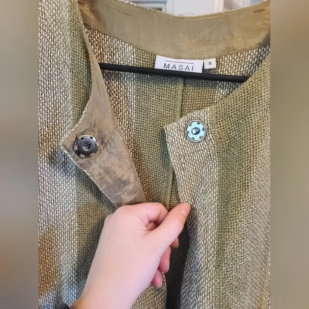 MASAI Janette Sage Green Boucle Jacket Stripe Pockets Long Cardigan - Picture 5 of 9